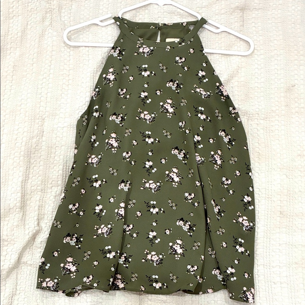 LOFT Floral Halter Neck Blouse - Olive Green
